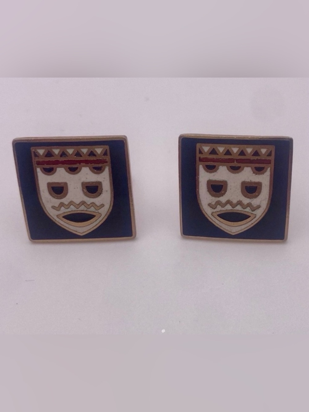 Swank Enamel Mask Cufflinks, Mid Century Modern Tribal Tiki Shield Cuff Links